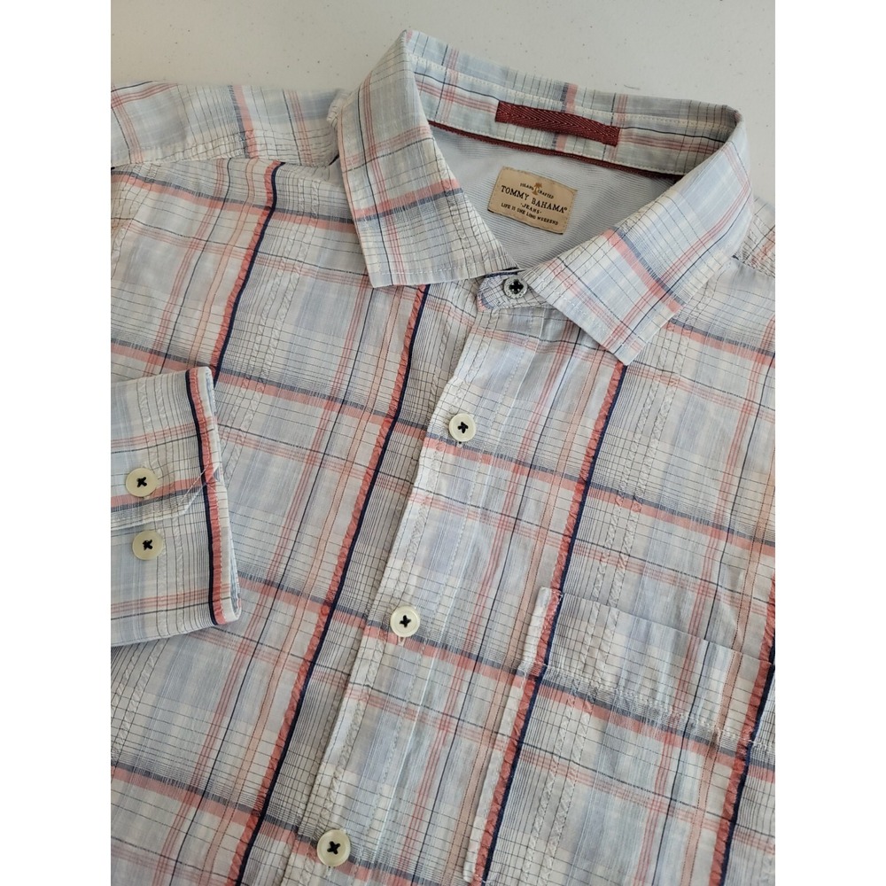 Tommy Bahama Jeans Mens Large Plaid Button Up Shirt Cotton Blue Coral‎ Long Slv